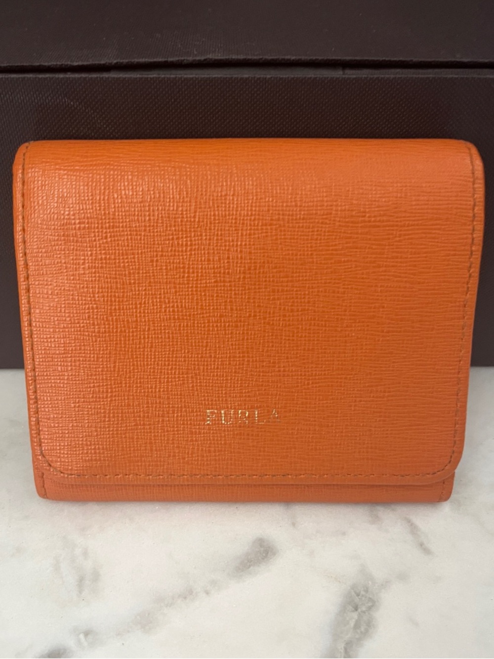 Furla Textured Orange Compact Wallet with Gold Logo